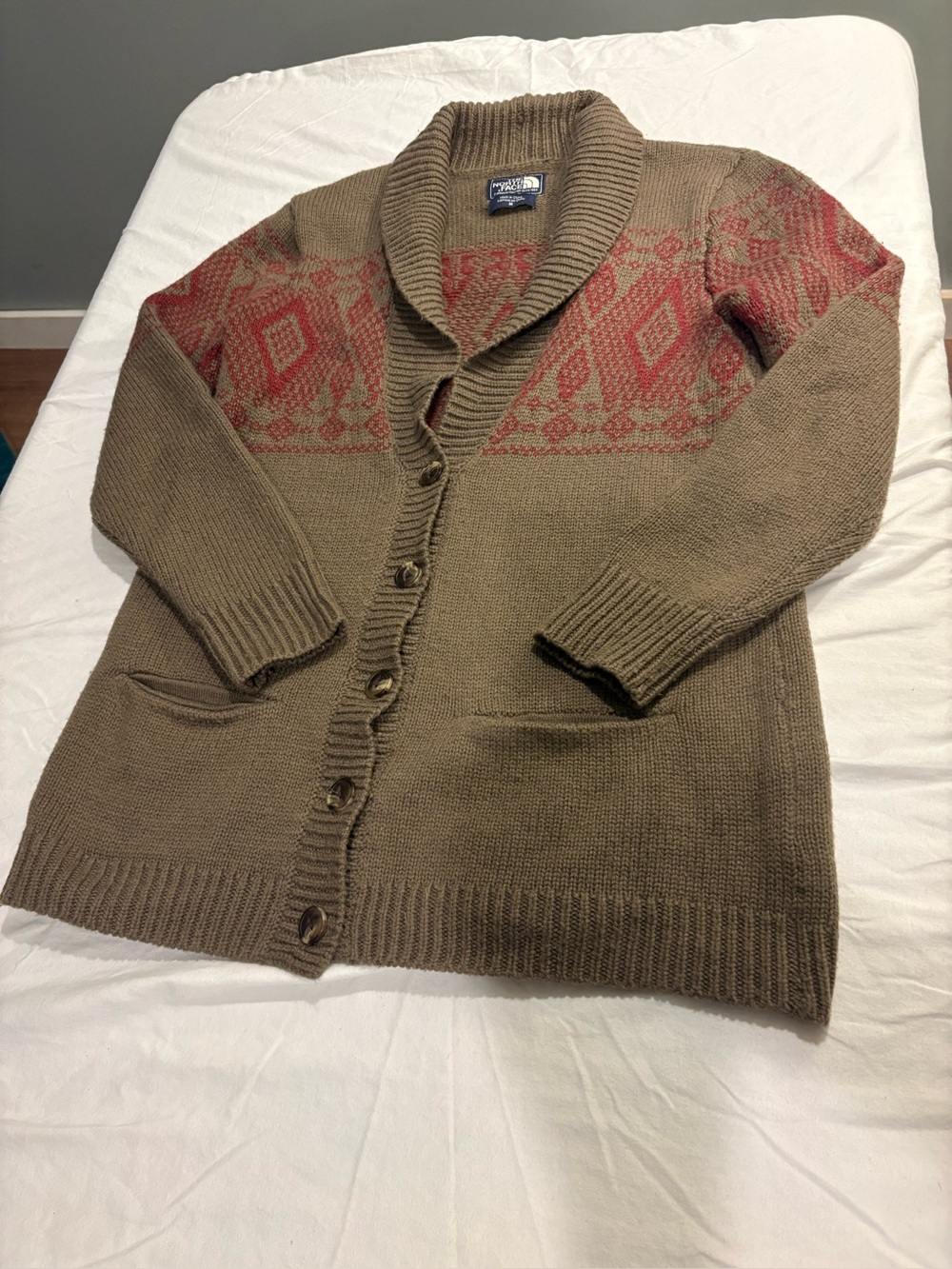 North Face Brown Shawl Collar Button-Front Sweater with Red Pattern